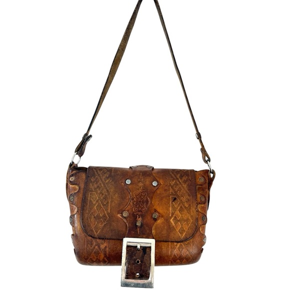 VINTAGE 60-70s Handmade Hand Tooled Brown Leather Boho Western Shoulder Bag - Picture 2 of 13